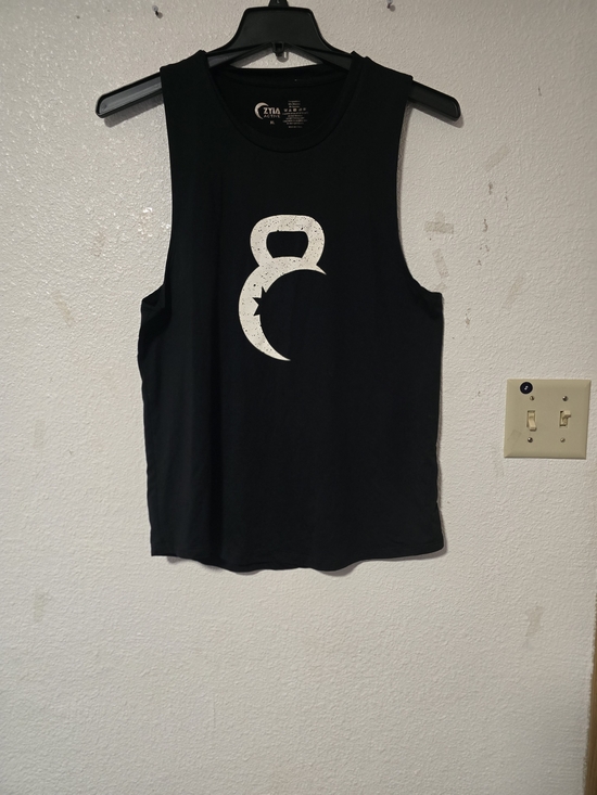 Zyia Active Tops - ZYIA Black Graphic Muscle Tank Top with White Kettlebell Crescent